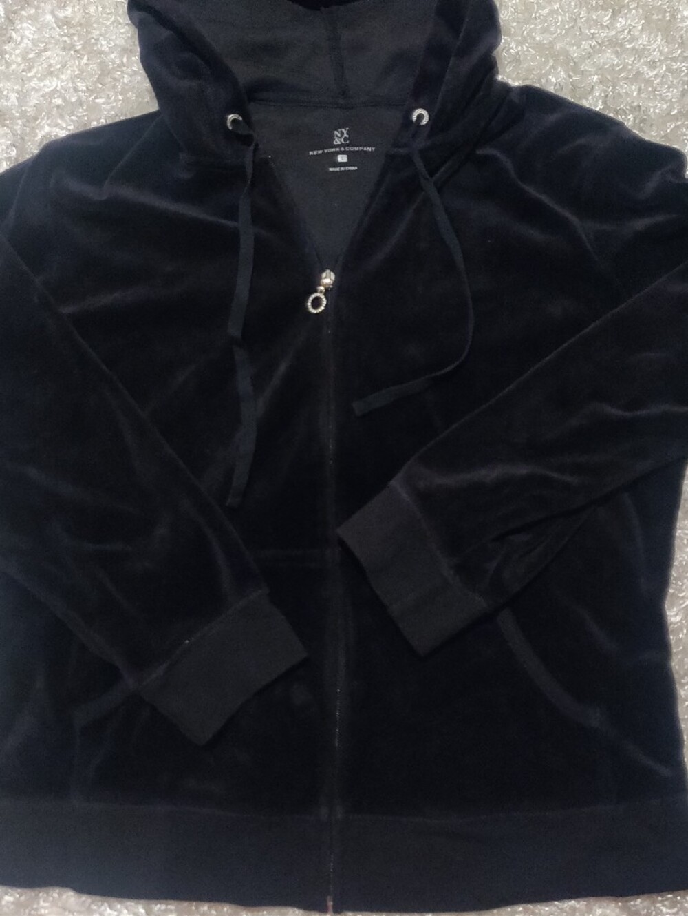 Women's NY&Co Black Velvet Full-Zip Hoodie W Rhinestone Zipper Pull Size Large